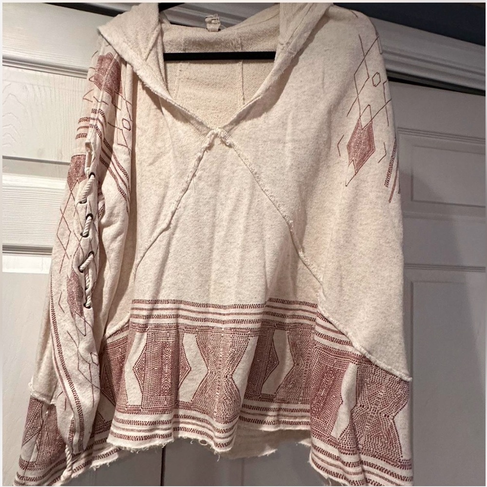 FREE PEOPLE cream & brown lightweight Flowy Boho Indie Camping hoodie Medium